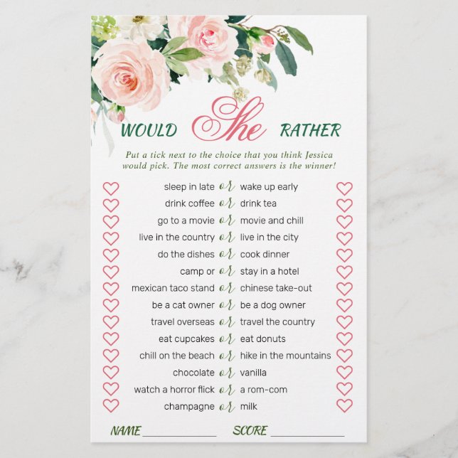 Pink Blush Flowers Greenery Bridal Shower Game (Front)