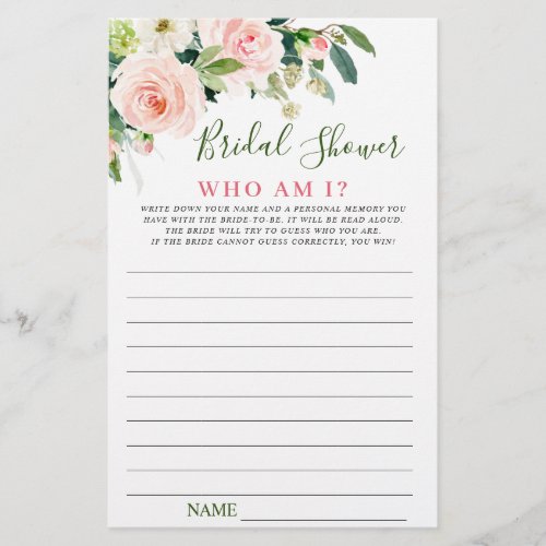 Pink Blush Flowers Greenery Bridal Shower Game