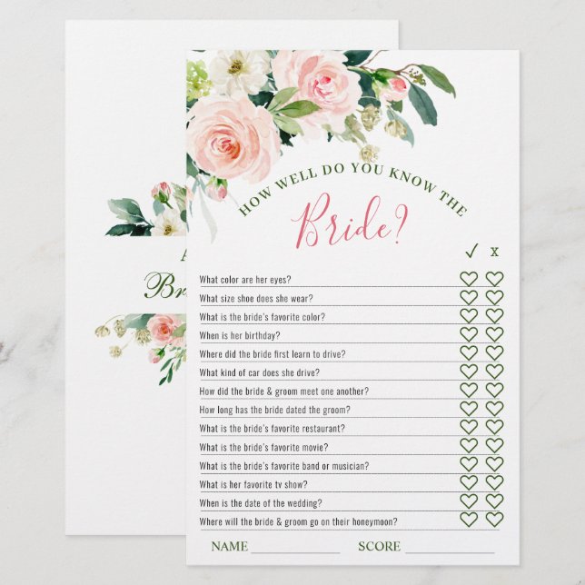Pink Blush Flowers Greenery Bridal Shower Game (Front/Back)