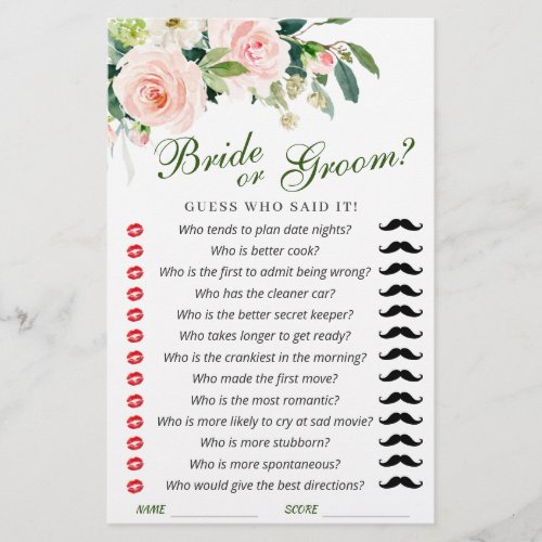 Pink Blush Flowers Greenery Bridal Shower Game