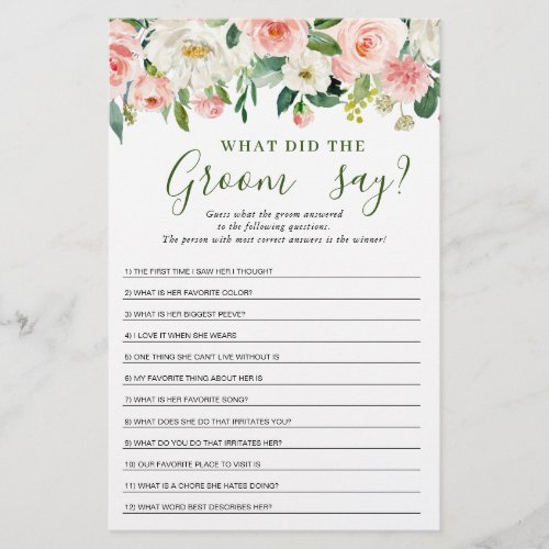 Pink Blush Flowers Greenery Bridal Shower Game