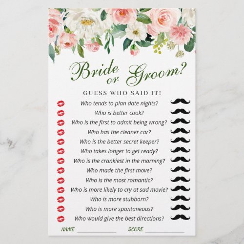 Pink Blush Flowers Greenery Bridal Shower Game