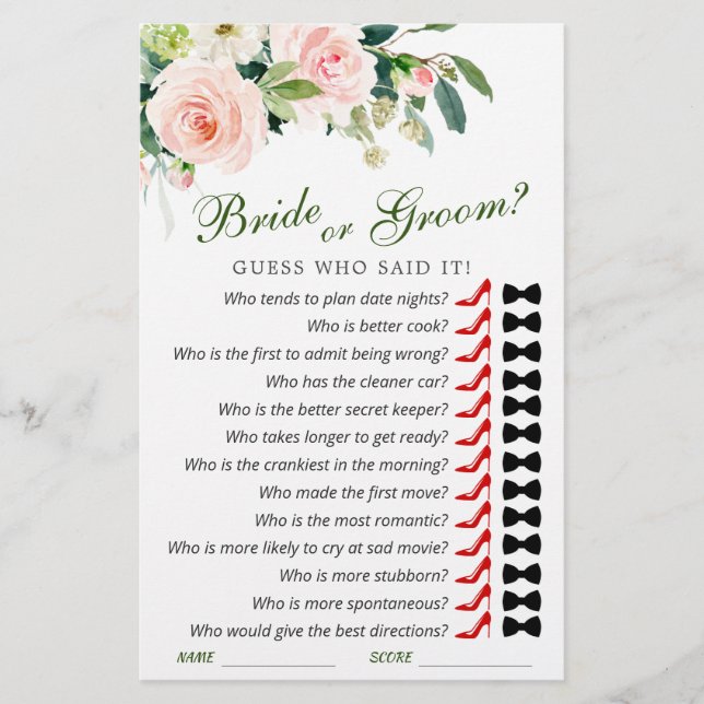 Pink Blush Flowers Greenery Bridal Shower Game (Front)