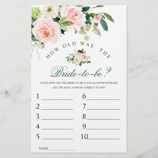 Pink Blush Flowers Greenery Bridal Shower Game (Front)