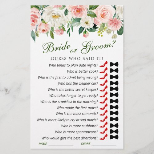 Pink Blush Flowers Greenery Bridal Shower Game