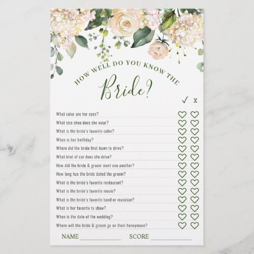 Pink Blush Flowers Greenery Bridal Shower Game