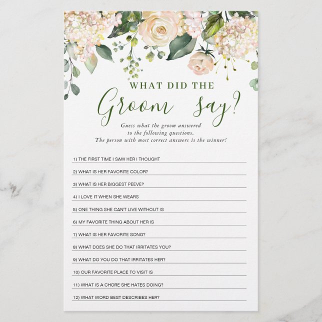 Pink Blush Flowers Greenery Bridal Shower Game (Front)