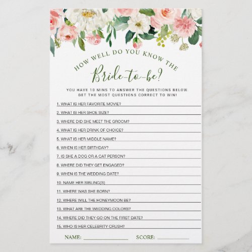 Pink Blush Flowers Greenery Bridal Shower Game