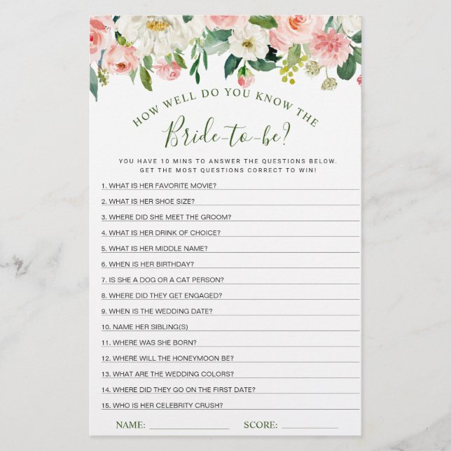 Pink Blush Flowers Greenery Bridal Shower Game (Front)