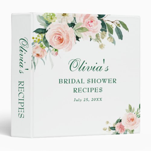 Pink Blush Flowers Greenery Bridal Shower Recipe 3 Ring Binder