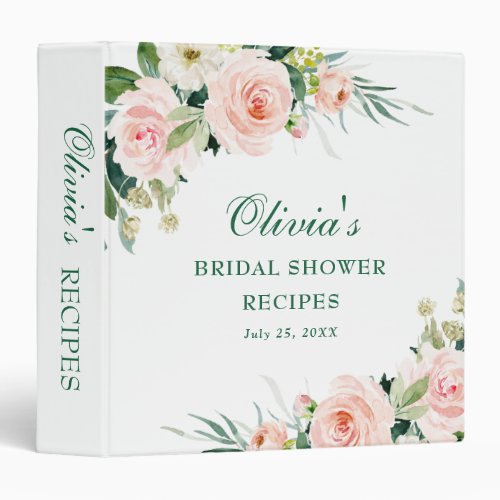 Pink Blush Flowers Greenery Bridal Shower Recipe 3 Ring Binder