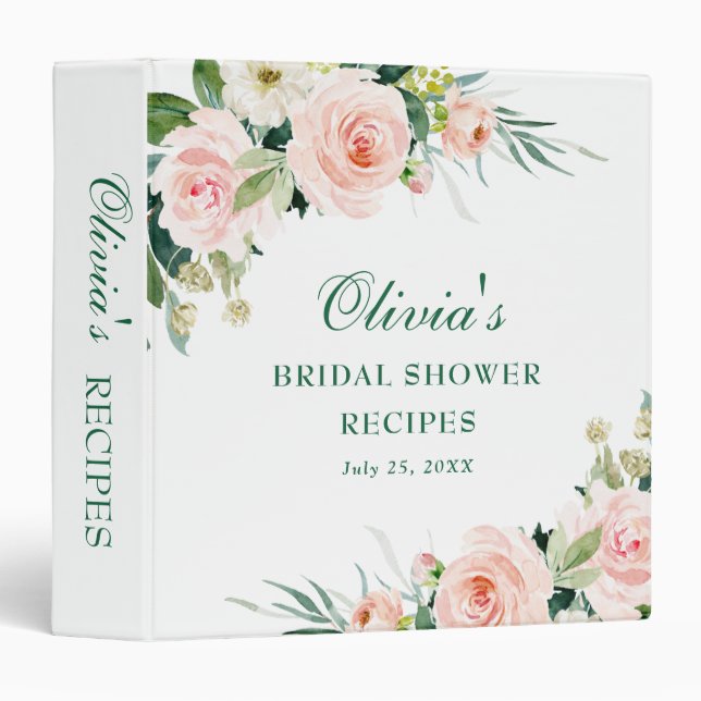 Pink Blush Flowers Greenery Bridal Shower Recipe 3 Ring Binder (Front/Spine)