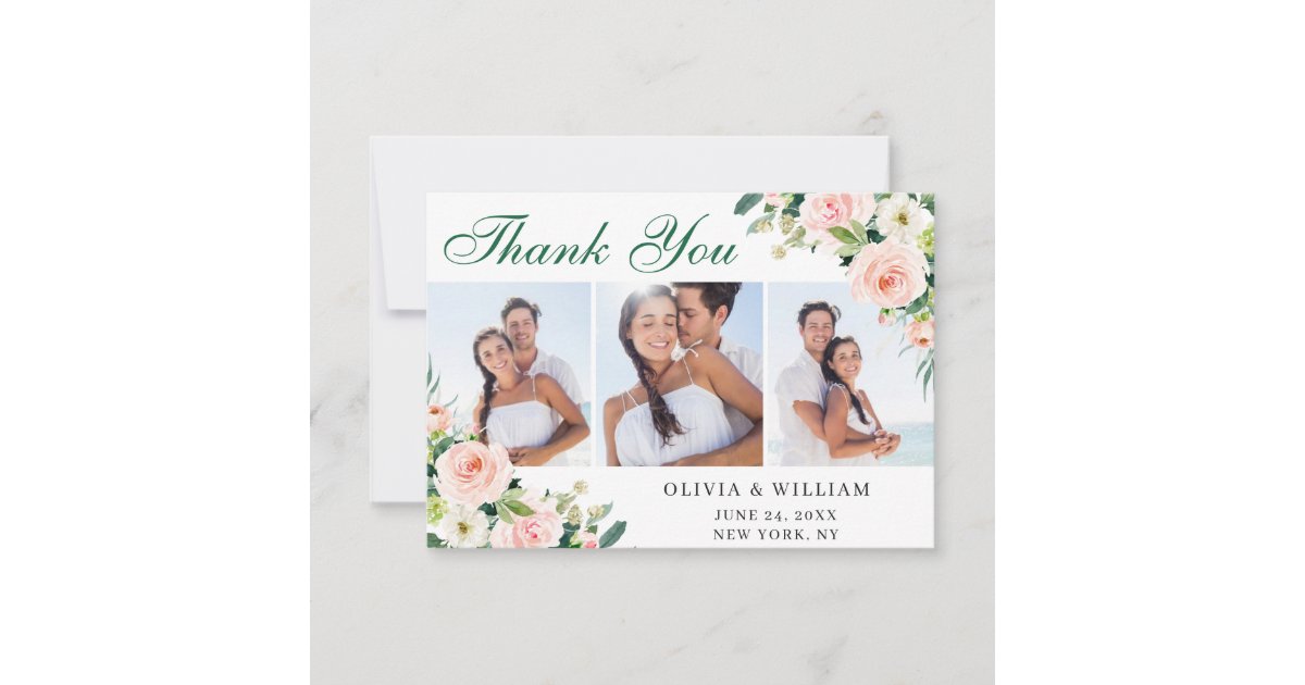 Pink Blush Flowers Greenery Floral 3 PHOTO Thank You Card | Zazzle