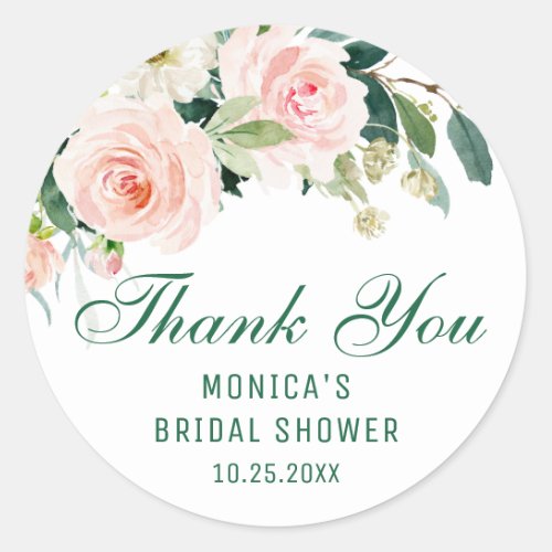 Pink Blush Flowers Greenery Floral Bridal Shower Classic Round Sticker