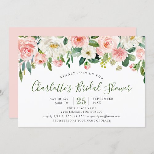 Pink Blush Flowers Greenery Floral Bridal Shower Invitation