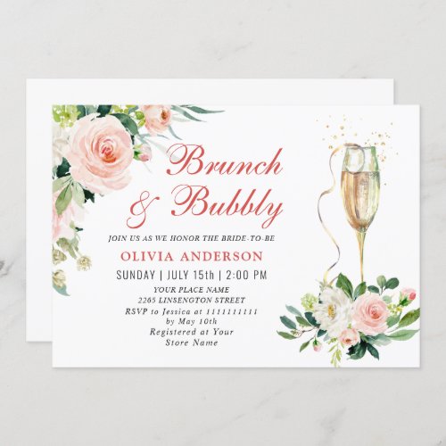 Pink Blush Flowers Greenery Floral Brunch  Bubbly Invitation