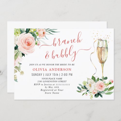 Pink Blush Flowers Greenery Floral Brunch  Bubbly Invitation