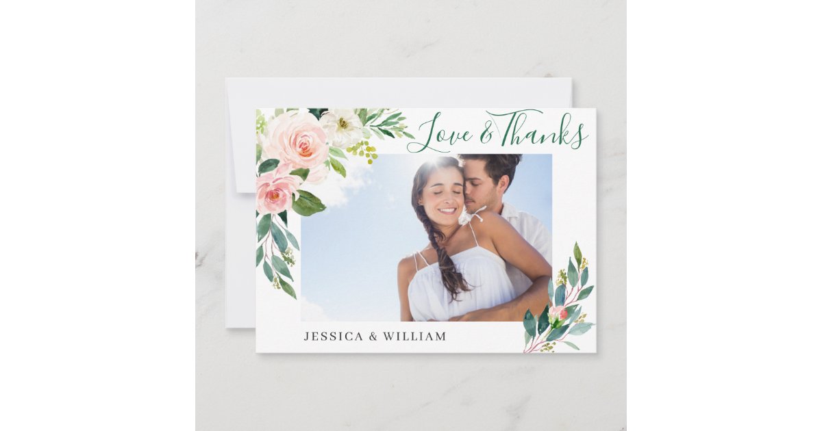 Pink Blush Flowers Greenery Floral PHOTO Thank You Card | Zazzle