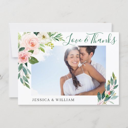 Pink Blush Flowers Greenery Floral PHOTO Thank You Card