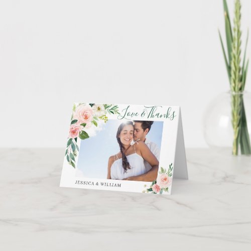 Pink Blush Flowers Greenery Floral PHOTO Thank You Card