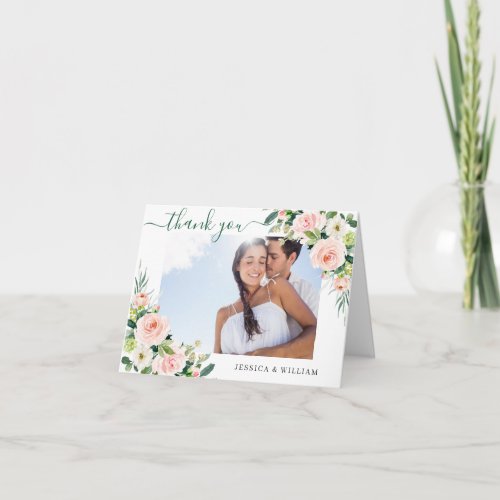 Pink Blush Flowers Greenery Floral PHOTO Thank You Card