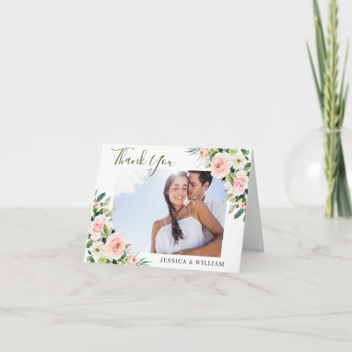 Pink Blush Flowers Greenery Floral PHOTO Thank You Card