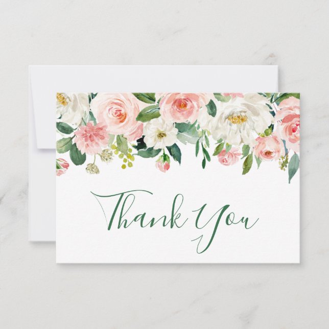 Pink Blush Flowers Greenery Floral Thank You Card (Front)