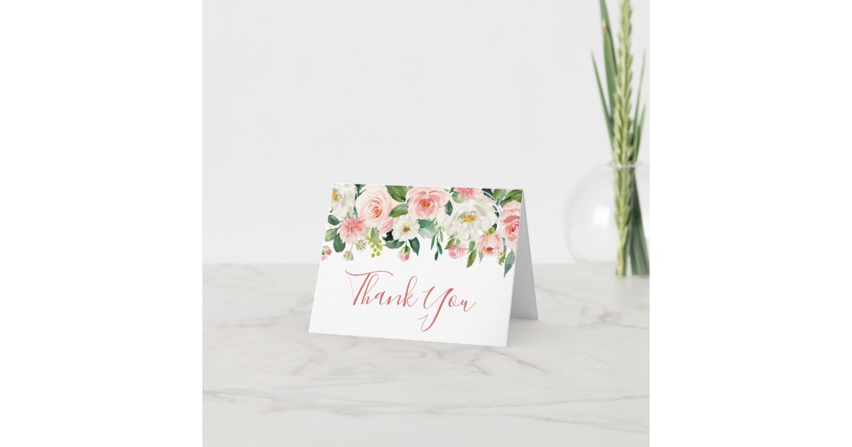 Pink Blush Flowers Greenery Floral Thank You Card | Zazzle