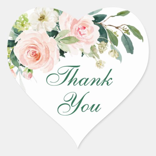 Pink Blush Flowers Greenery Floral Thank You Heart Sticker