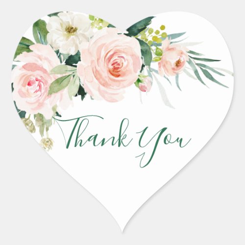 Pink Blush Flowers Greenery Floral Thank You Heart Sticker