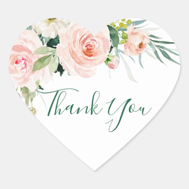 Pink Blush Flowers Greenery Floral Thank You Heart Sticker (Front)