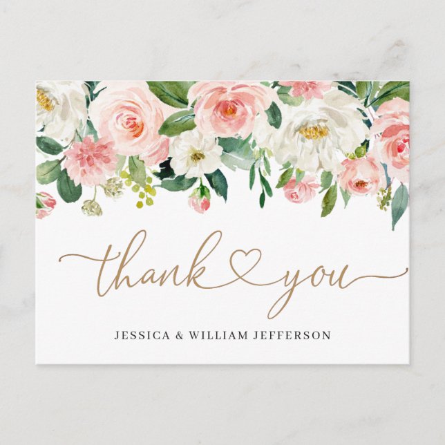 Pink Blush Flowers Greenery Floral Thank You Postcard (Front)
