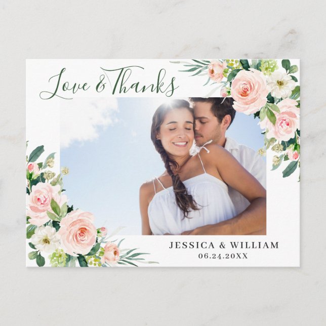Pink Blush Flowers Greenery Floral Thank You Postcard (Front)