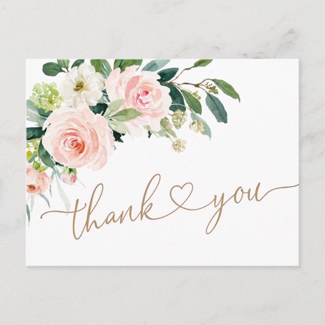 Pink Blush Flowers Greenery Floral Thank You Postcard (Front)