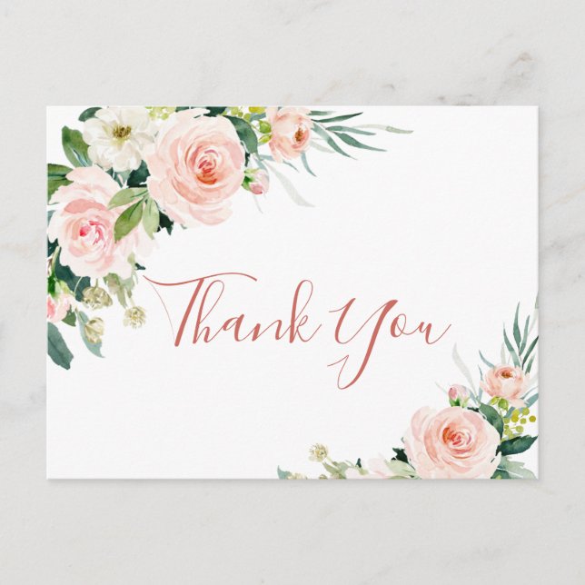 Pink Blush Flowers Greenery Floral Thank You Postcard (Front)