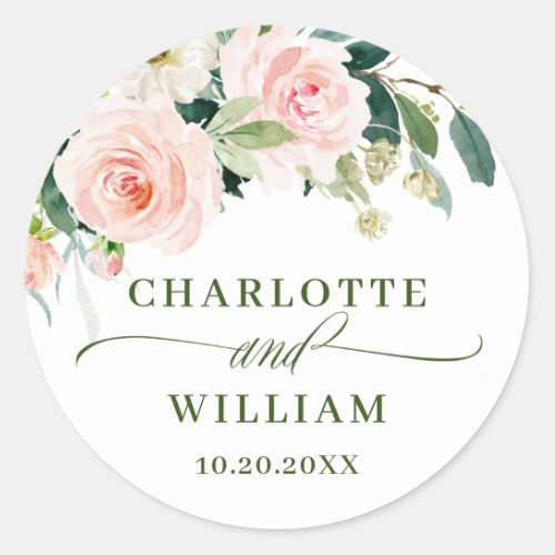 Pink Blush Flowers Greenery Floral Wedding Classic Round Sticker