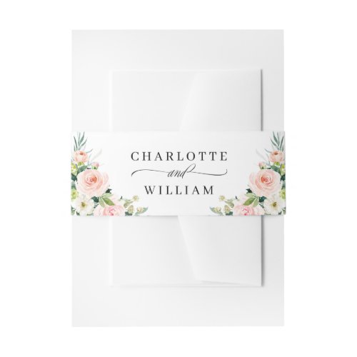 Pink Blush Flowers Greenery Floral Wedding Invitation Belly Band