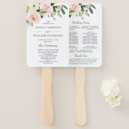 Pink Blush Flowers Greenery Floral Wedding Program Hand Fan