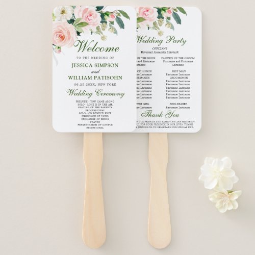 Pink Blush Flowers Greenery Floral Wedding Program Hand Fan