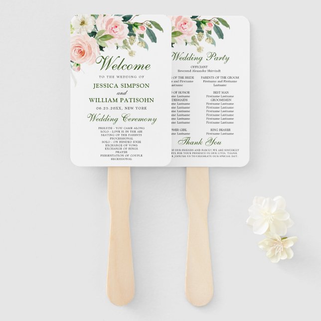 Pink Blush Flowers Greenery Floral Wedding Program Hand Fan (Front and Back)