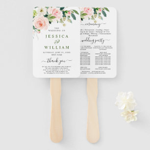 Pink Blush Flowers Greenery Floral Wedding Program Hand Fan
