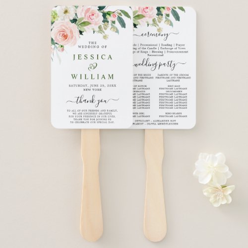 Pink Blush Flowers Greenery Floral Wedding Program Hand Fan