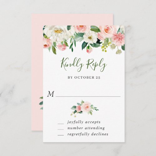 Pink Blush Flowers Greenery Watercolor Wedding RSV RSVP Card