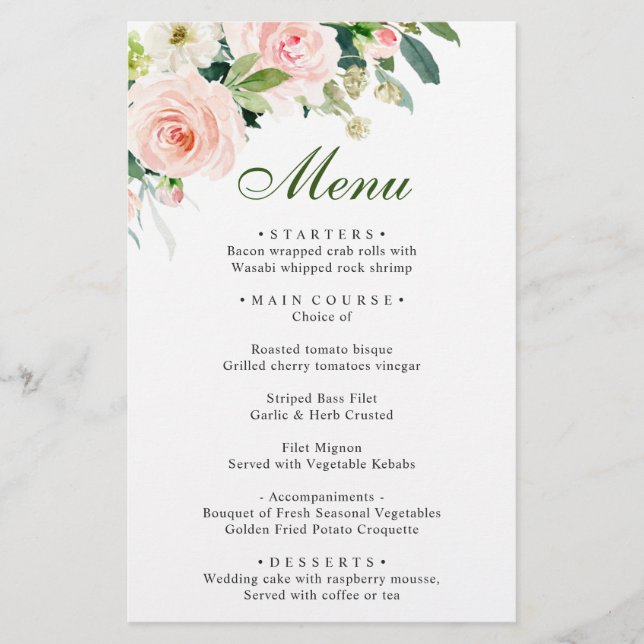 Pink Blush Flowers Greenery Wedding Dinner Menu (Front)