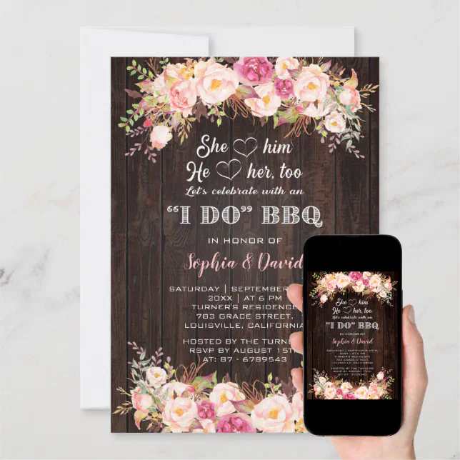 Pink Blush Flowers I DO BBQ Engagement Invitation | Zazzle