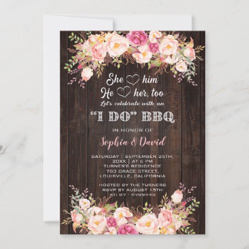 Pink Blush Flowers I DO BBQ Engagement Invitation