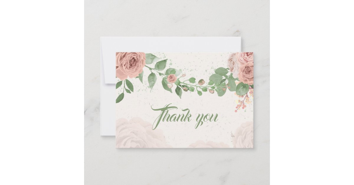 pink blush flowers sage green leaves thank you card | Zazzle
