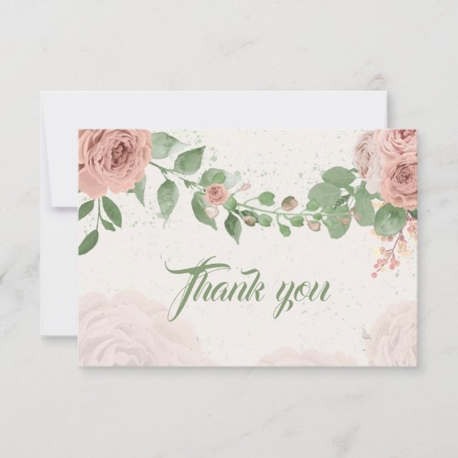 pink blush flowers sage green leaves thank you card (Front)