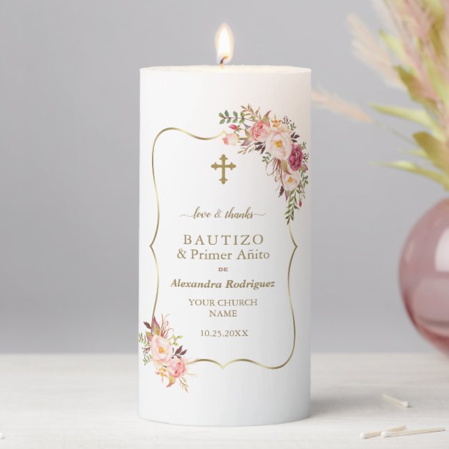 Pink Blush Flowers Spanish 1st Birthday Baptism    Pillar Candle (In Situ)