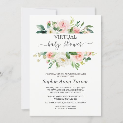 Pink Blush Flowers Virtual Baby Shower By Mail Invitation